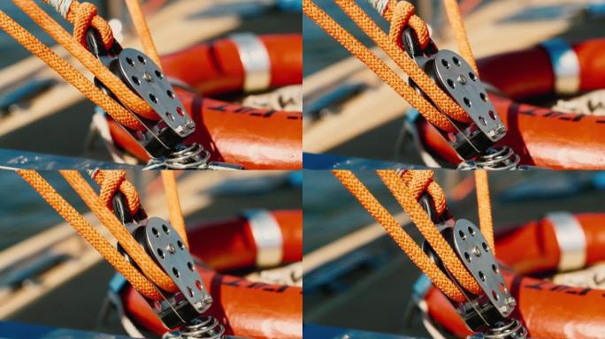 在游艇上用绳索和积木索具。帆船设备细节