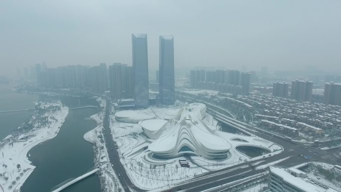 航拍 大景 城市 梅溪湖 雪景