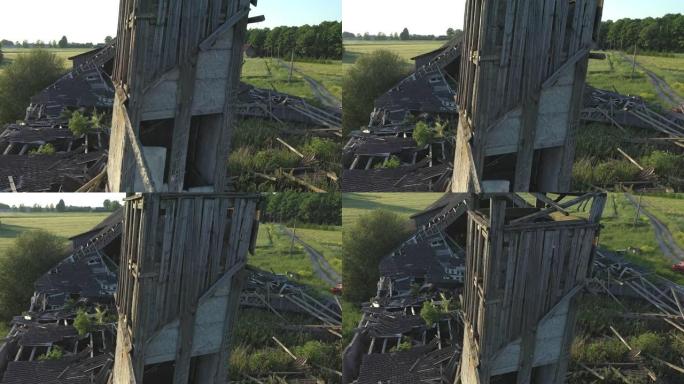无人驾驶飞机拍摄的废弃牛棚慢慢腐烂。