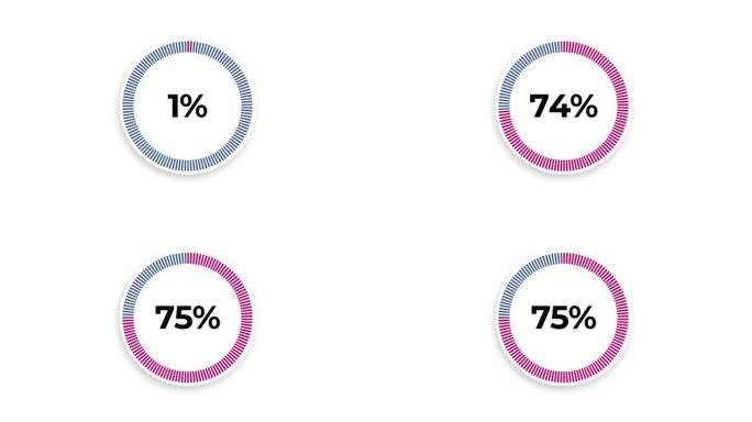 信息图表循环图动画计数0到75百分比。加载粉红色圆圈动画。4K