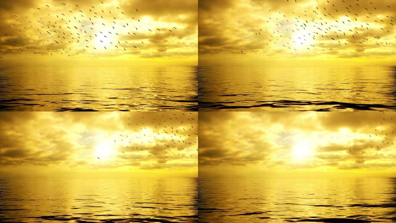 在美丽的金色日落前，迁徙的鸟类在海洋上飞翔的剪影
