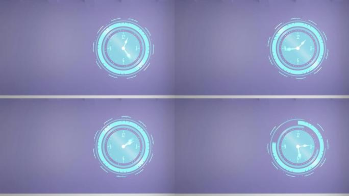 紫色背景上复制空间快速移动的时钟动画