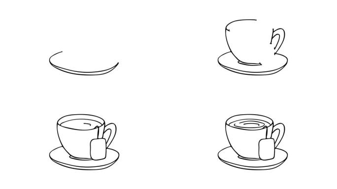 茶杯涂鸦动画与茶包插图。茶杯的线条画动画