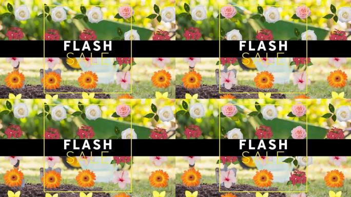 多个彩色花朵图标对着花园的闪光销售文本横幅数字动画