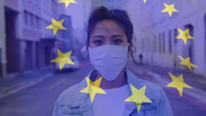 戴着口罩挥舞着女人的欧盟国旗动画