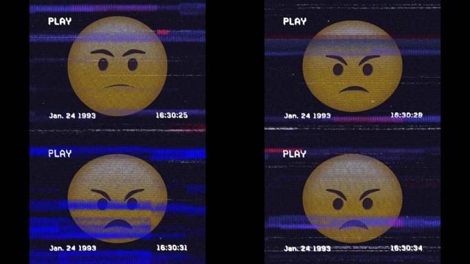 黑色背景下愤怒面部表情符号上vhs故障效果的数字动画