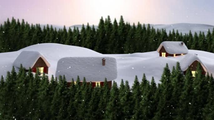 积雪落在房屋上的动画和冷杉树的冬季风景