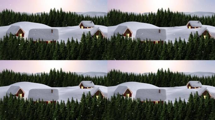 积雪落在房屋上的动画和冷杉树的冬季风景