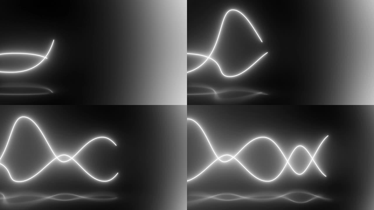 霓虹灯线向前移动和闪烁-发光线-灰色条纹-4k抽象灰色霓虹灯波线背景-波跃迁-黑色背景上的彩色波-流