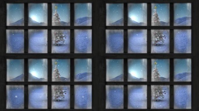 圣诞树和冬季景观的窗口视图动画