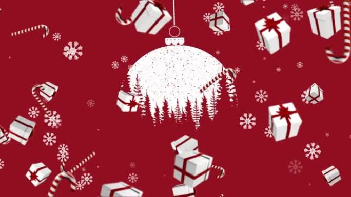 红色背景上圣诞节摆设的糖果和礼物掉落的动画
