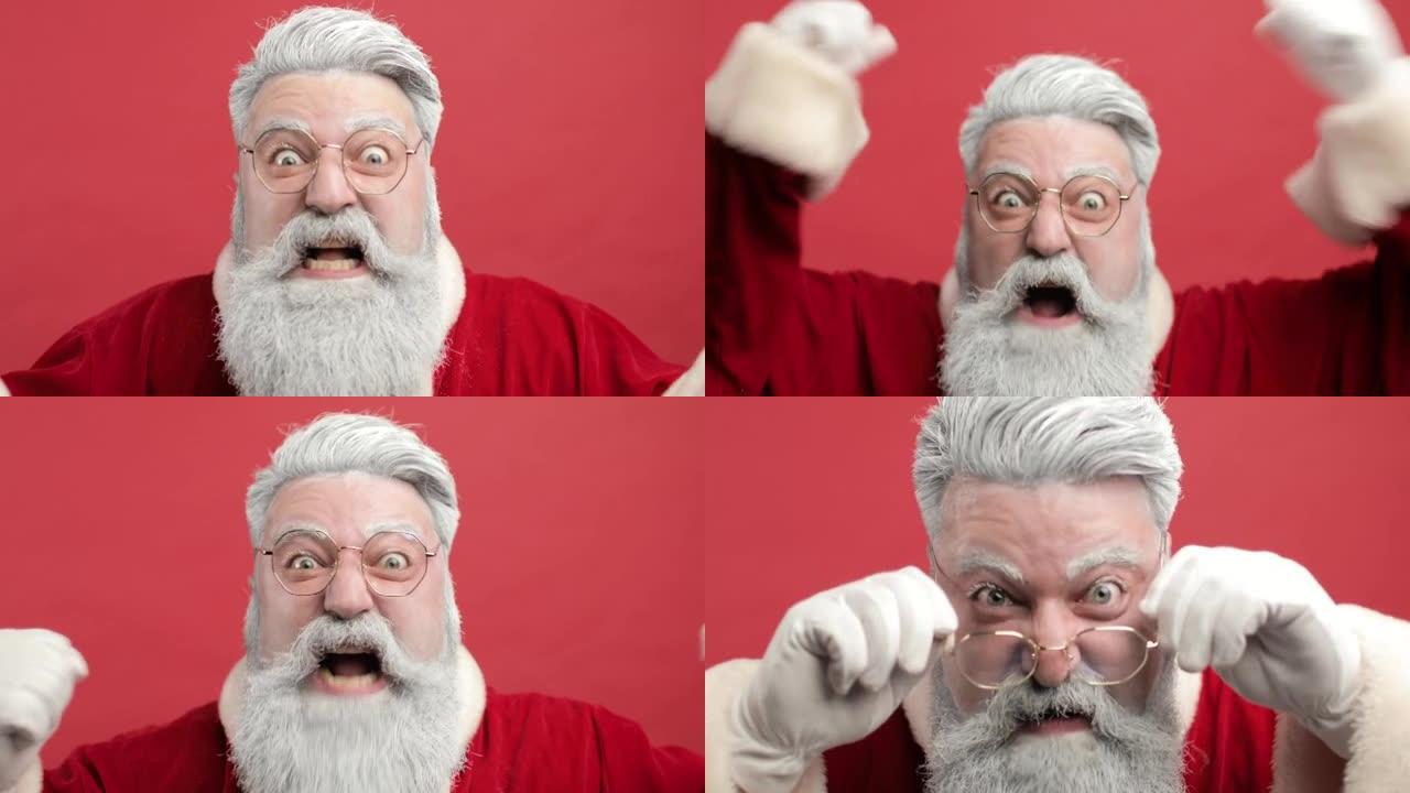 愤怒的疯狂尖叫的圣诞老人对顽皮的孩子发誓的负面情绪，这一年都不会因为表现不佳而收到节日礼物
