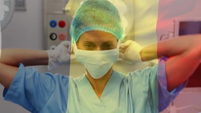 罗马尼亚国旗在手术室中挥舞着麻醉师的动画