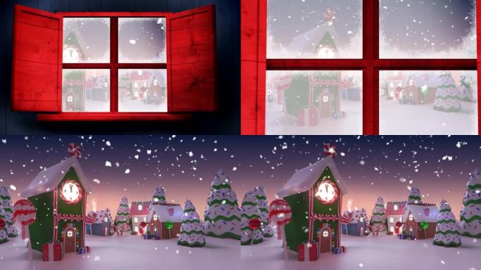 红色木制窗框抵御冬季景观上多个房屋上的积雪