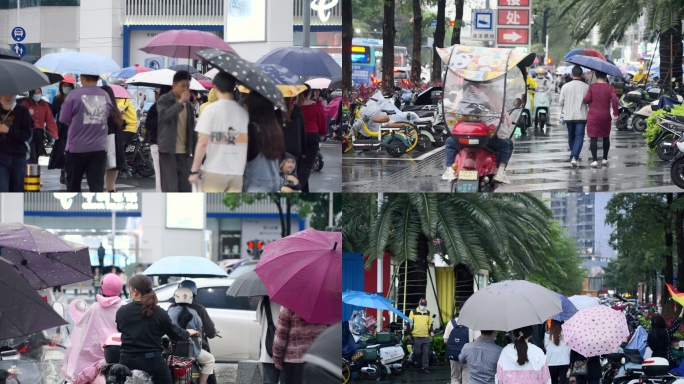 城市雨天行人撑伞