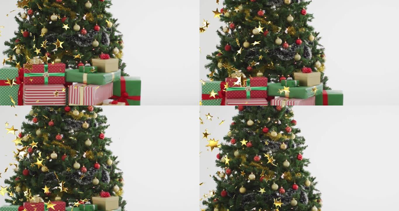 圣诞节星星掉落在圣诞树上的动画