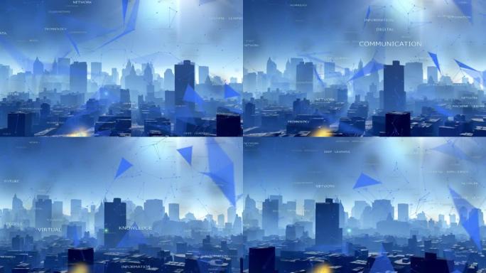 4k人工智能文字标签云，城市带抽象技术线节点。