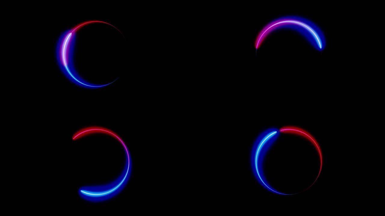 呈圆形路径发光的霓虹灯线。抽象明亮的霓虹灯圆形。全旋转绘制的霓虹灯线圆形状。4k霓虹灯动画。