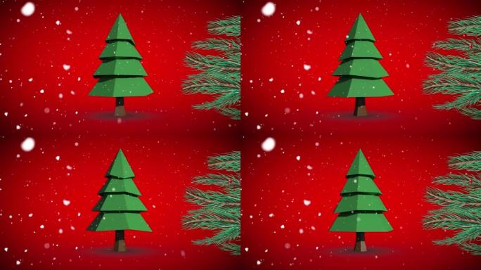 红色背景上的圣诞树和雪的翻转动画