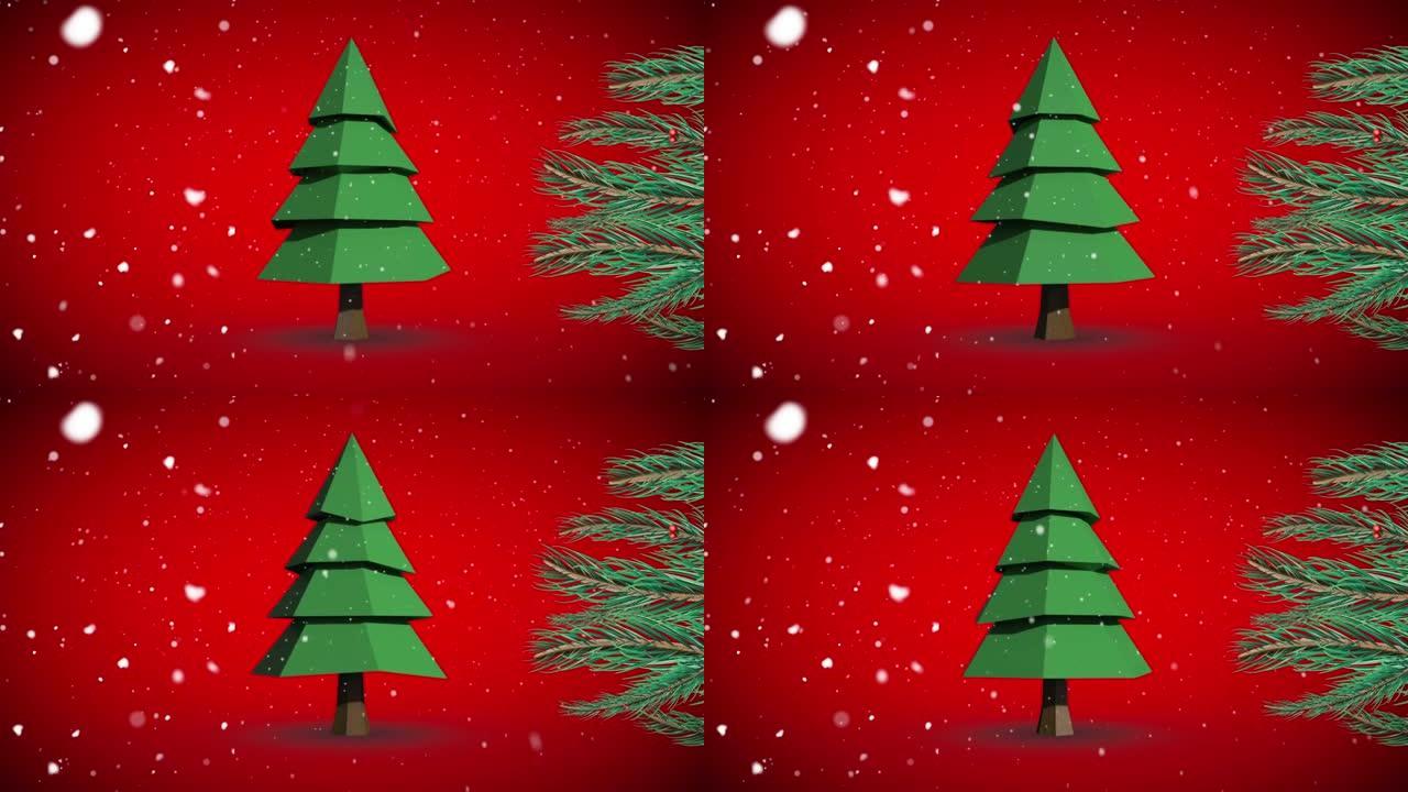 红色背景上的圣诞树和雪的翻转动画