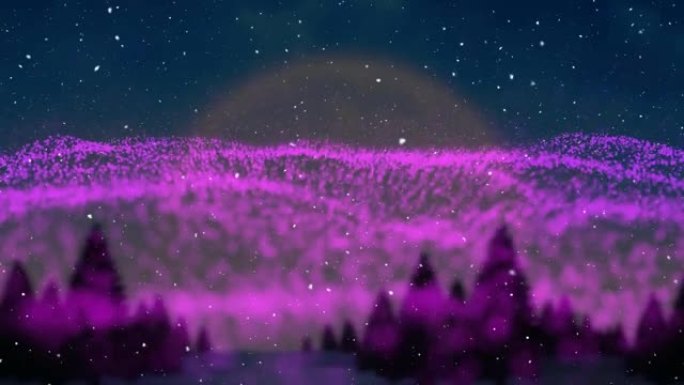 背景中飘落在发光紫色网眼上的雪花动画