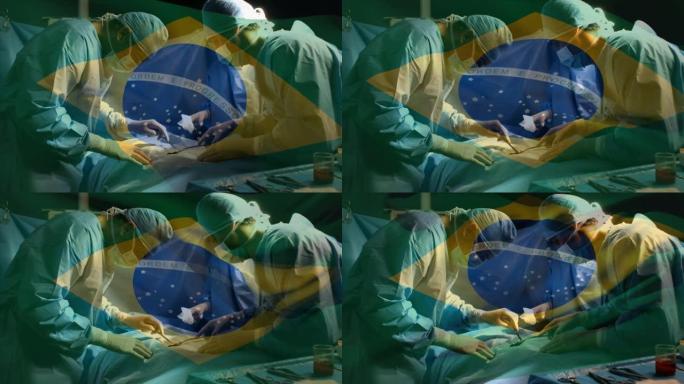 巴西国旗在手术室中挥舞着外科医生的动画