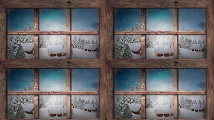 木质窗框靠着多栋房屋和树木靠着蓝天