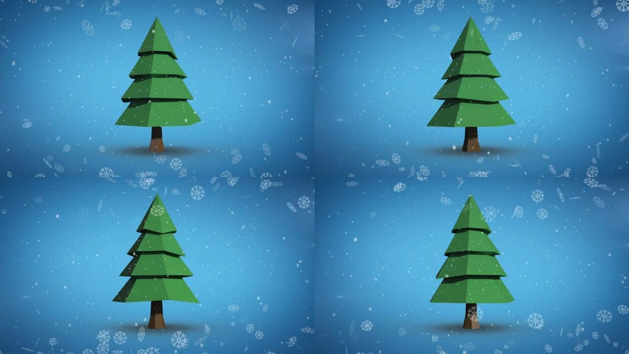 雪花落在蓝色背景下旋转的圣诞树图标上