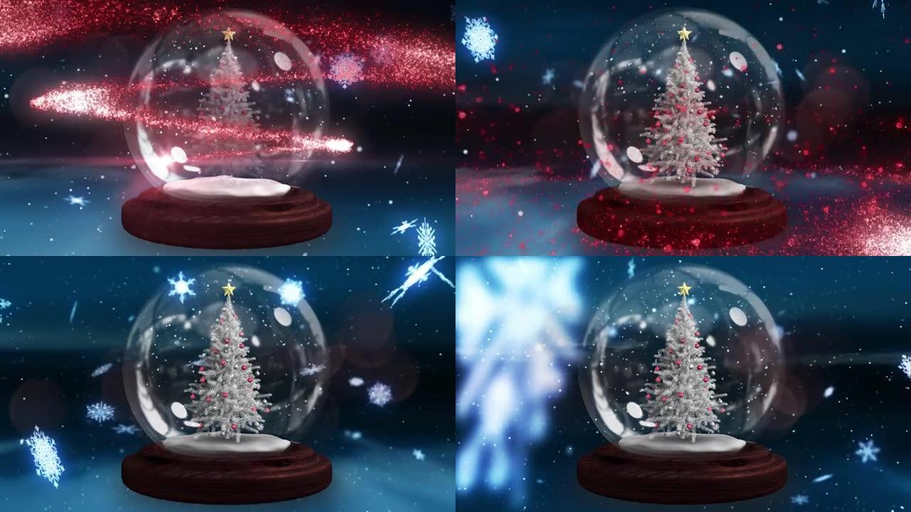 带有圣诞树，星星和雪落在黑暗背景上的玻璃球动画