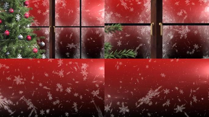 通过红色背景上的窗户看到的带有雪的圣诞树动画