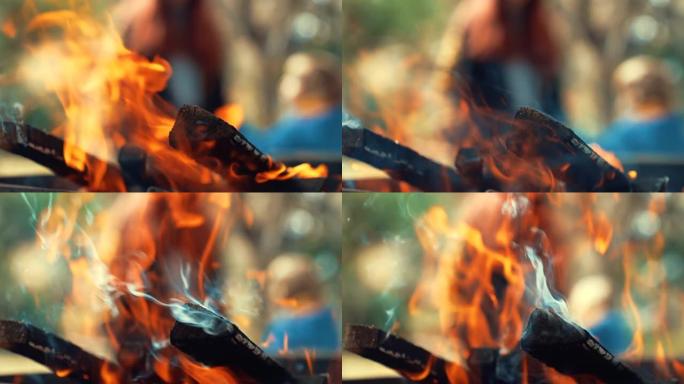 壁炉的慢动作镜头柴火木碳木炭燃烧烧烤火苗