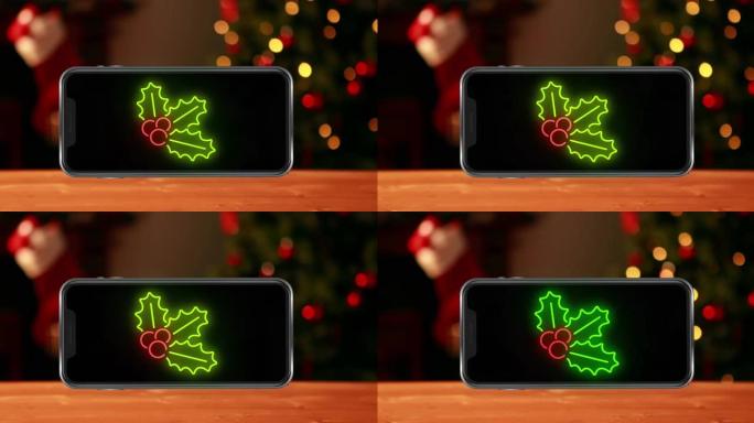 圣诞树上智能手机上的叶子动画