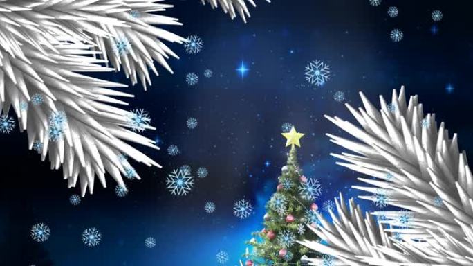 圣诞树树枝抵制雪花落在圣诞树上的蓝色闪亮星星
