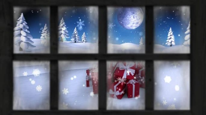 木制窗框抵御雪落在冬季景观上的圣诞礼物图标
