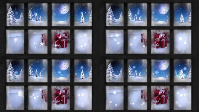 木制窗框抵御雪落在冬季景观上的圣诞礼物图标