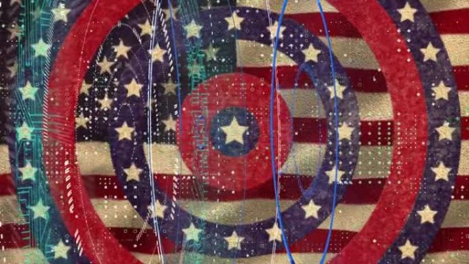 数字动画的霓虹灯圆扫描仪在星星上旋转的圆圈反对挥舞的美国国旗