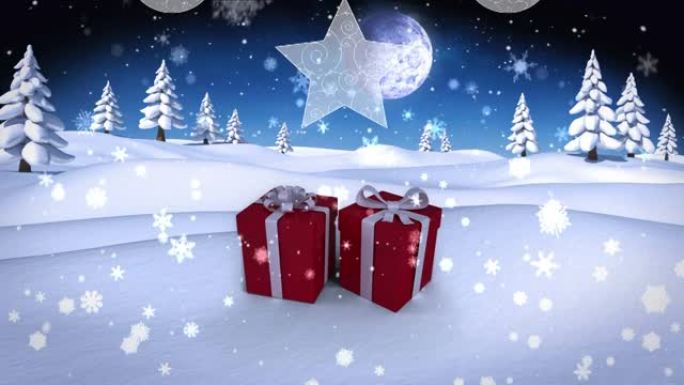 雪花落在夜空中月亮的冬季景观上的圣诞节礼物上