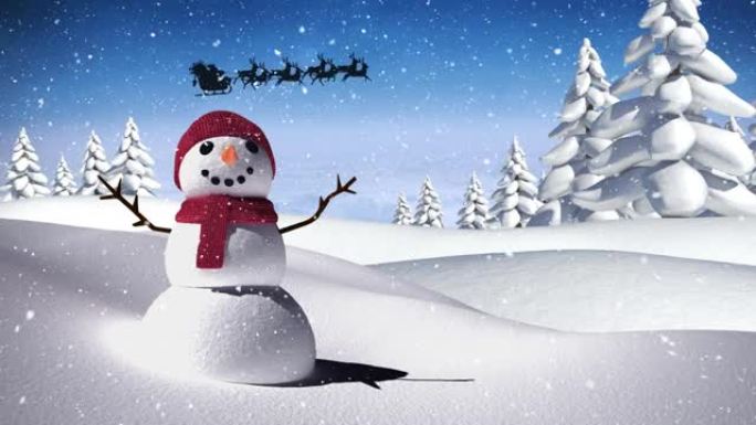 雪落在雪人和雪橇上的圣诞老人上，驯鹿在冬季景观上拉动