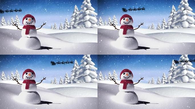 雪落在雪人和雪橇上的圣诞老人上，驯鹿在冬季景观上拉动