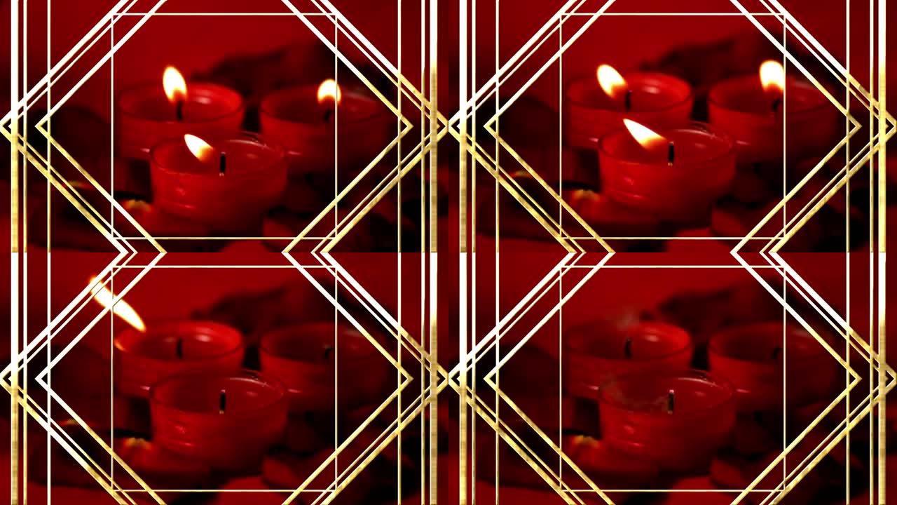 红色背景下多个燃烧蜡烛上的金色装饰框架设计
