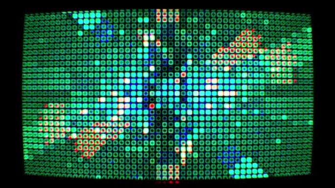 抽象无缝环闪烁网格红色绿色蓝色方形灯数字技术网格抖动图案4k 3D未来技术光照明墙背景。现代闪烁电子