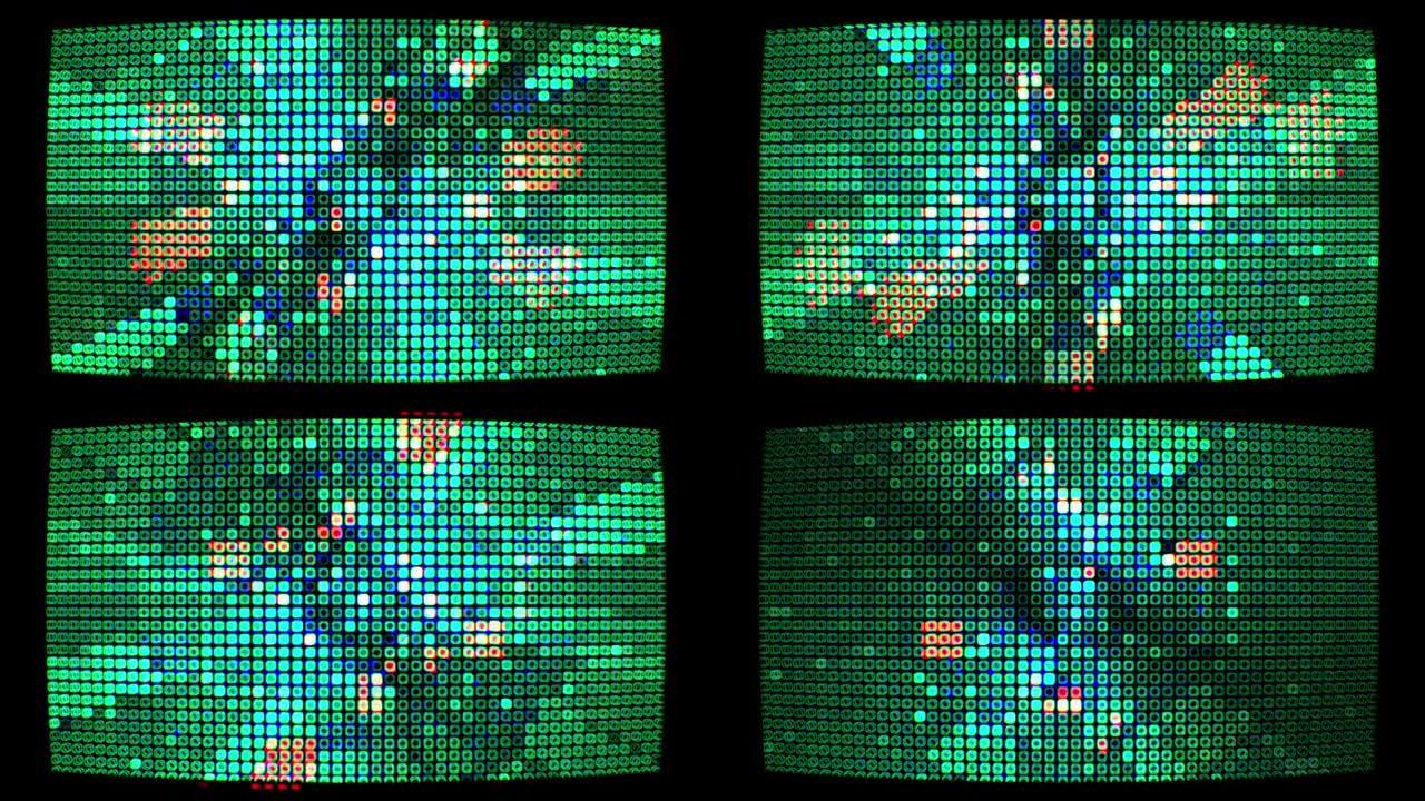 抽象无缝环闪烁网格红色绿色蓝色方形灯数字技术网格抖动图案4k 3D未来技术光照明墙背景。现代闪烁电子