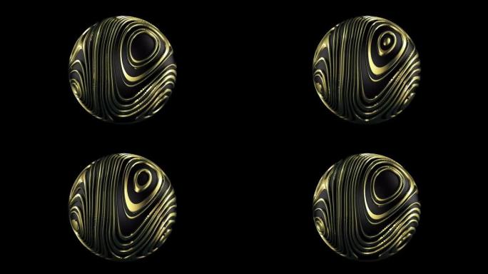 金波抽象背景黑色。黑色背景上的3d球形金色网页设计。现代抽象液体噪声流体形式背景无缝循环。