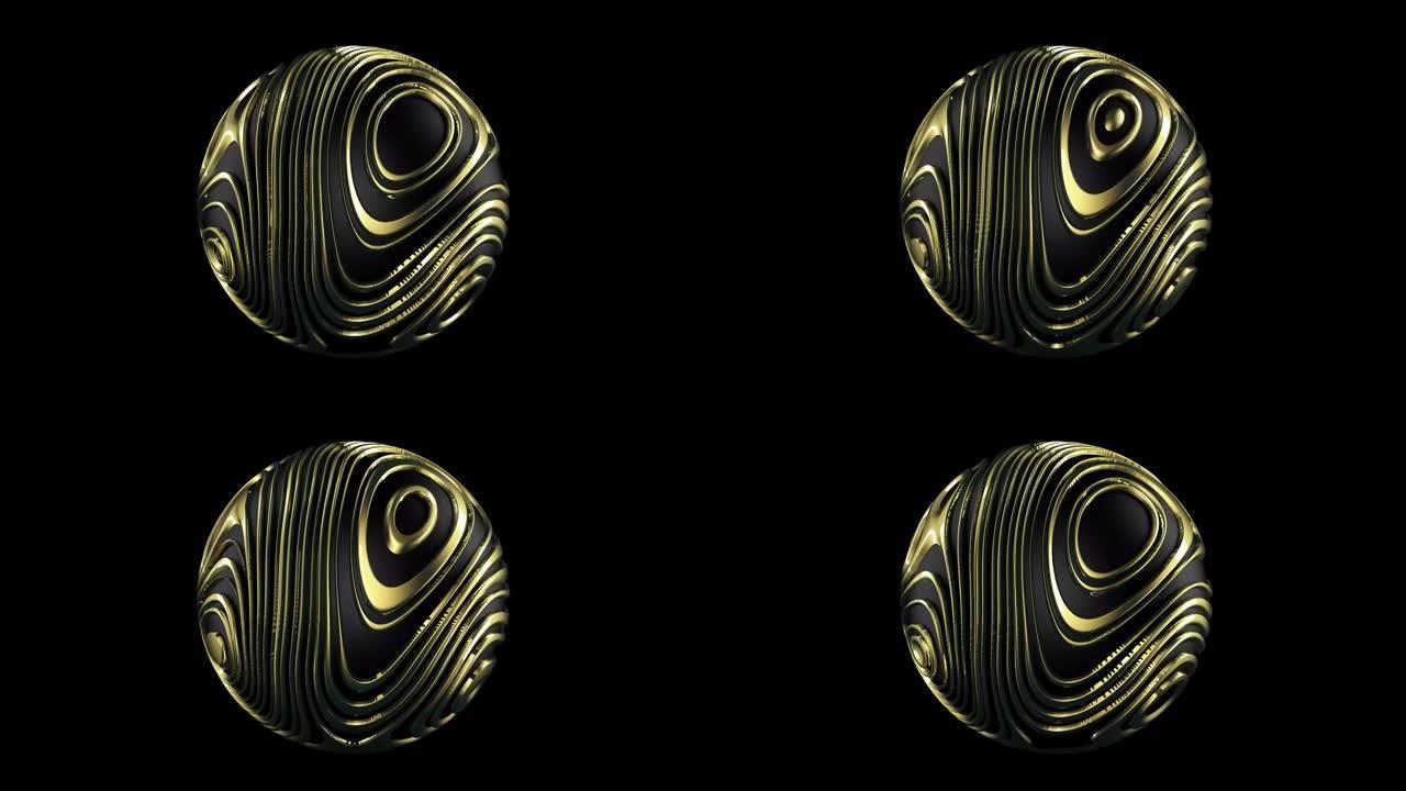 金波抽象背景黑色。黑色背景上的3d球形金色网页设计。现代抽象液体噪声流体形式背景无缝循环。