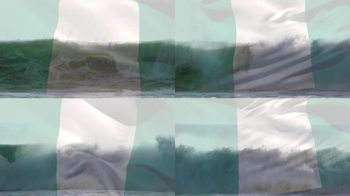 数字组成挥舞尼日利亚国旗对抗海浪在海
