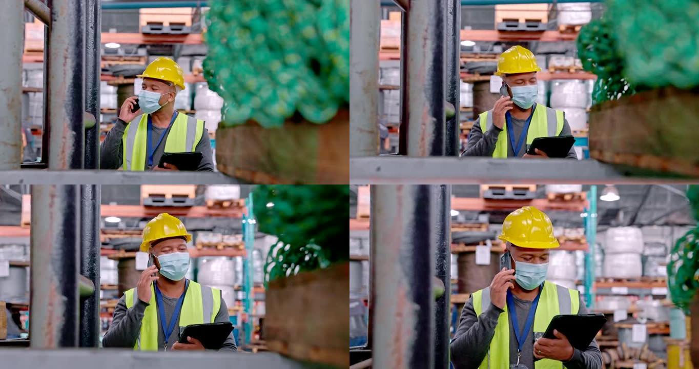 一个成熟男人在仓库工作时在手机上聊天并使用数字平板电脑的4k视频片段
