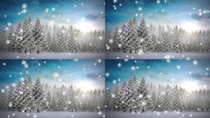 雪花图标落在蓝天下的冬季景观上的多棵树上