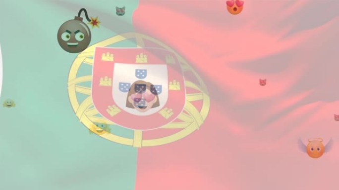 葡萄牙国旗吹过各种浮动表情符号的动画