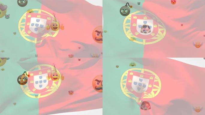 葡萄牙国旗吹过各种浮动表情符号的动画