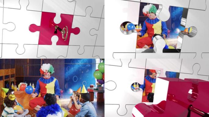 小丑和儿童派对上钥匙解锁拼图拼图的动画